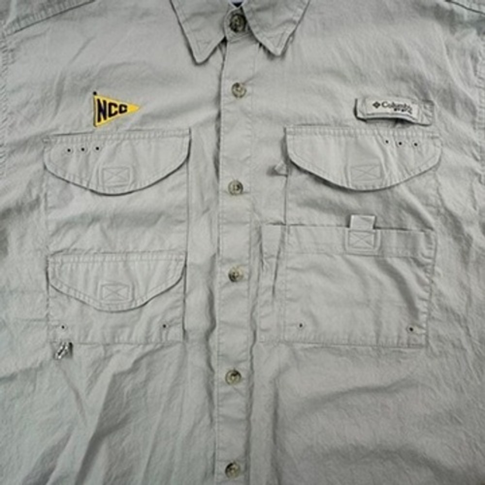 Columbia Mens S PFG Fishing Shirt Tan Short Sleeve NCC Pennant FM7130 - Picture 4 of 14